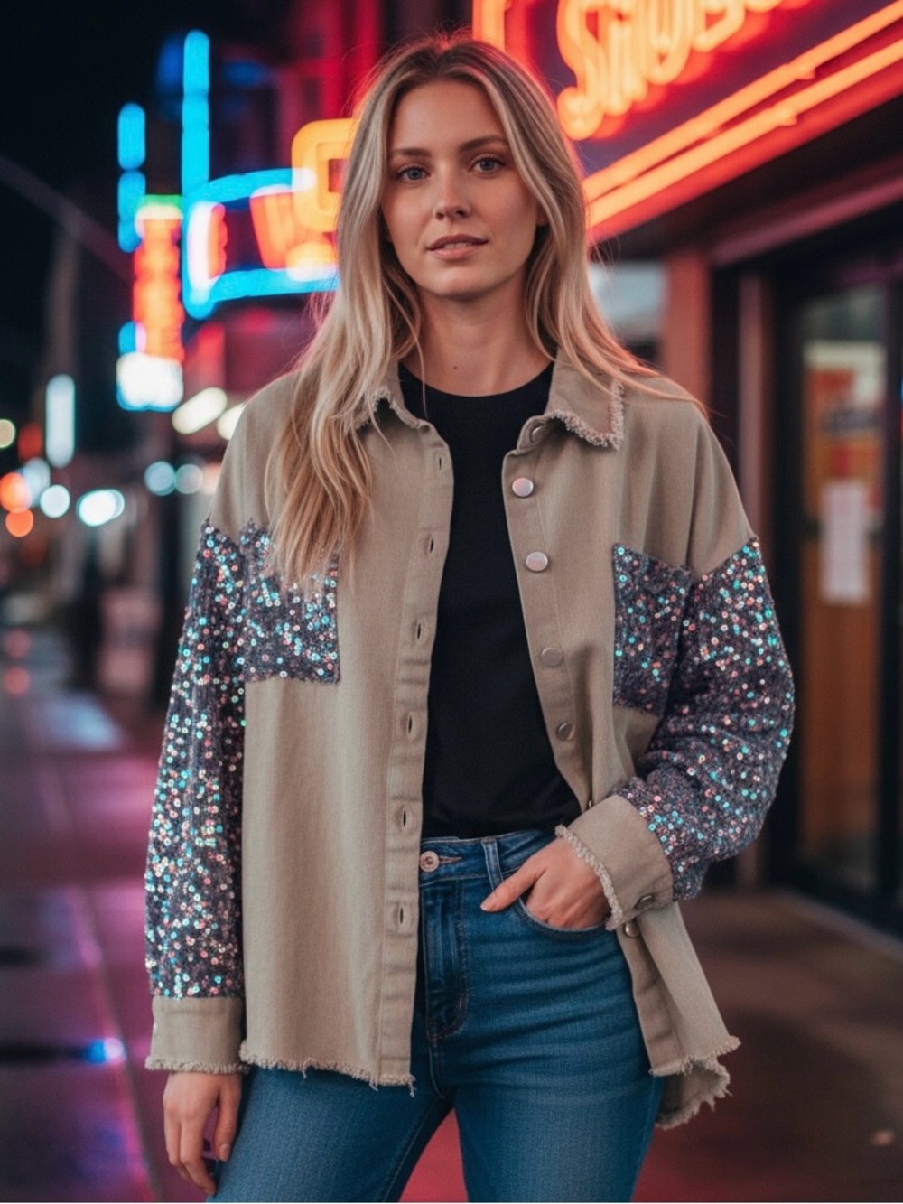🔥 Green Beige & Multicolor Sequin Sleeve Jean Jacket